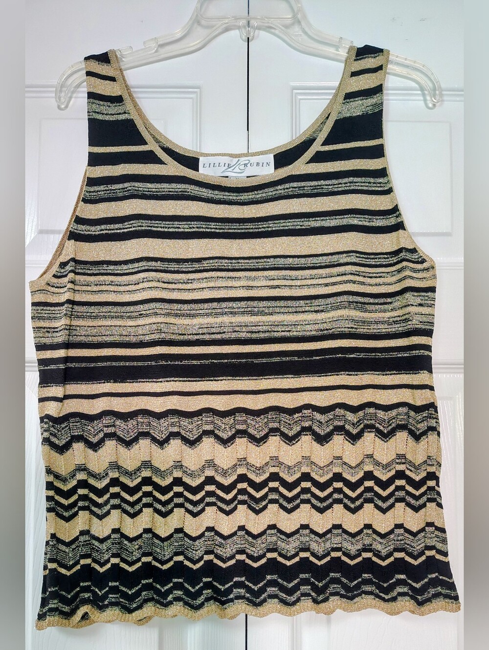 Lillie Rubin VTG Gold Metallic Chevron Striped Black Knit Shell Top by Sz XL